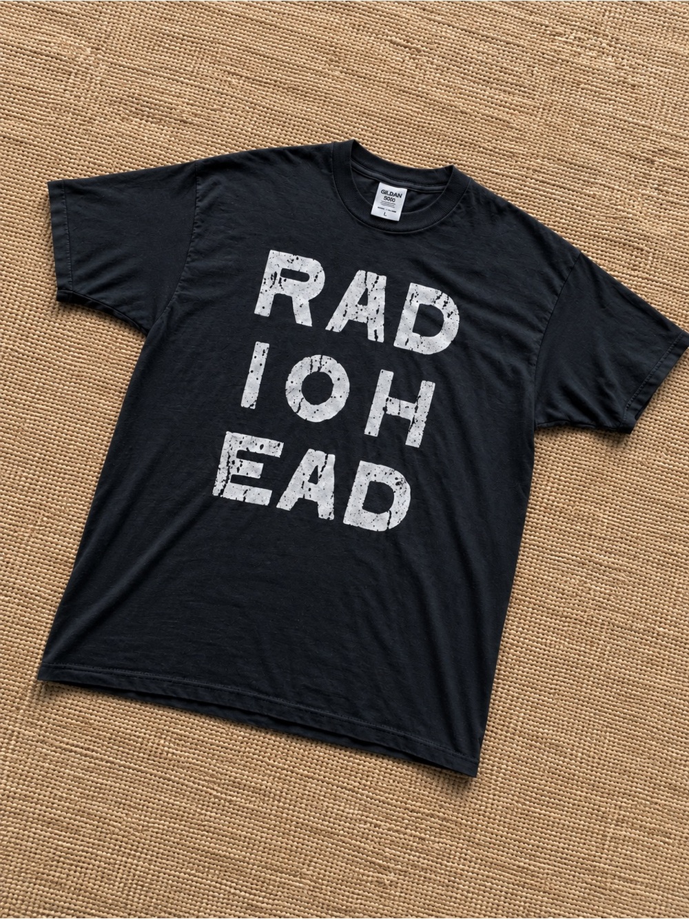 Black Radiohead Short Sleeve Tee with Distressed White Block Lettering T-shirt - Picture 2 of 5